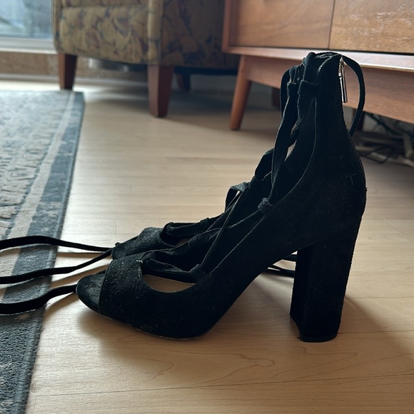 Black suede lace up block heels - Picture 2 of 3